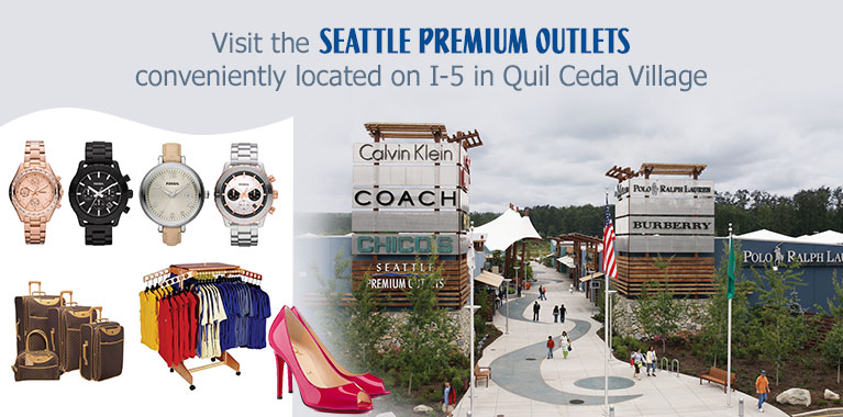 The Seattle Premium Outlets with smaller pictures of watches, shoes, clothes, and luggage.